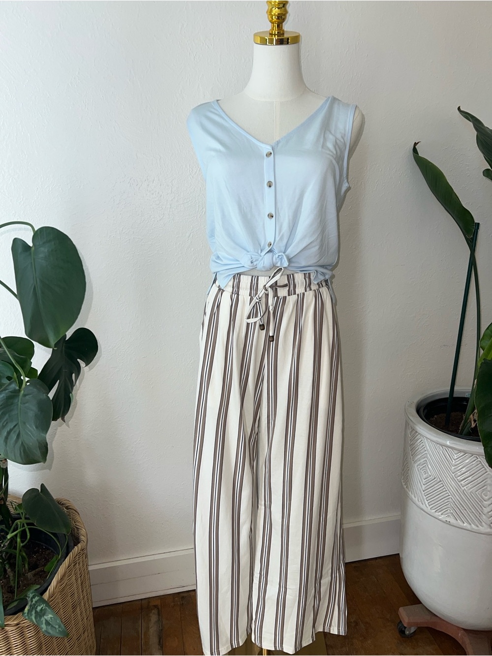 NWT-Stitch fusion -Striped Wide Leg Pants in Cream and Brown,Boho neutral school